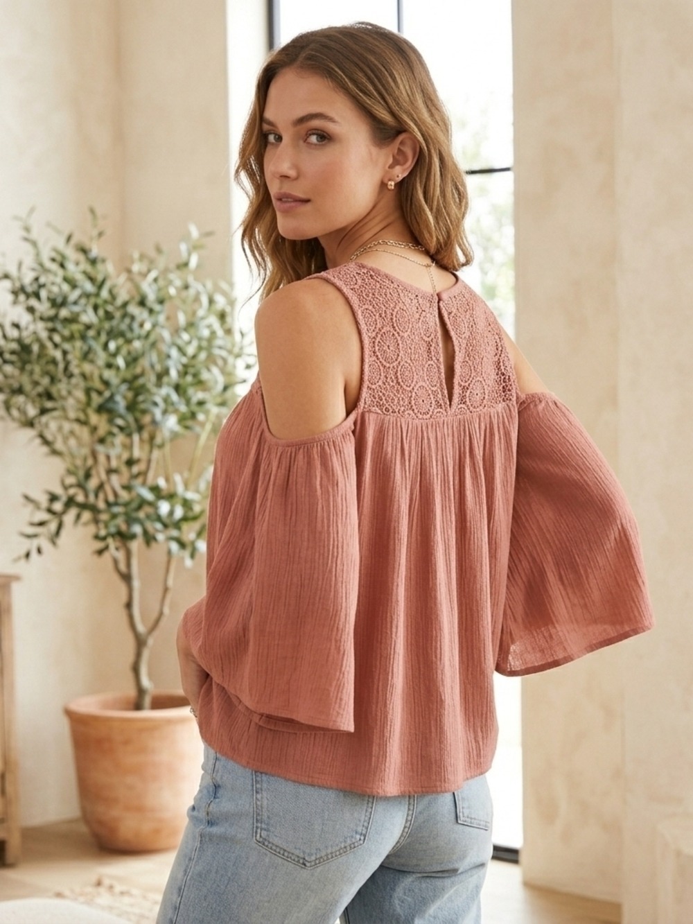 Body Glove Dusty Rose Cold-Shoulder Crochet Yoke Blouse - Picture 1 of 7